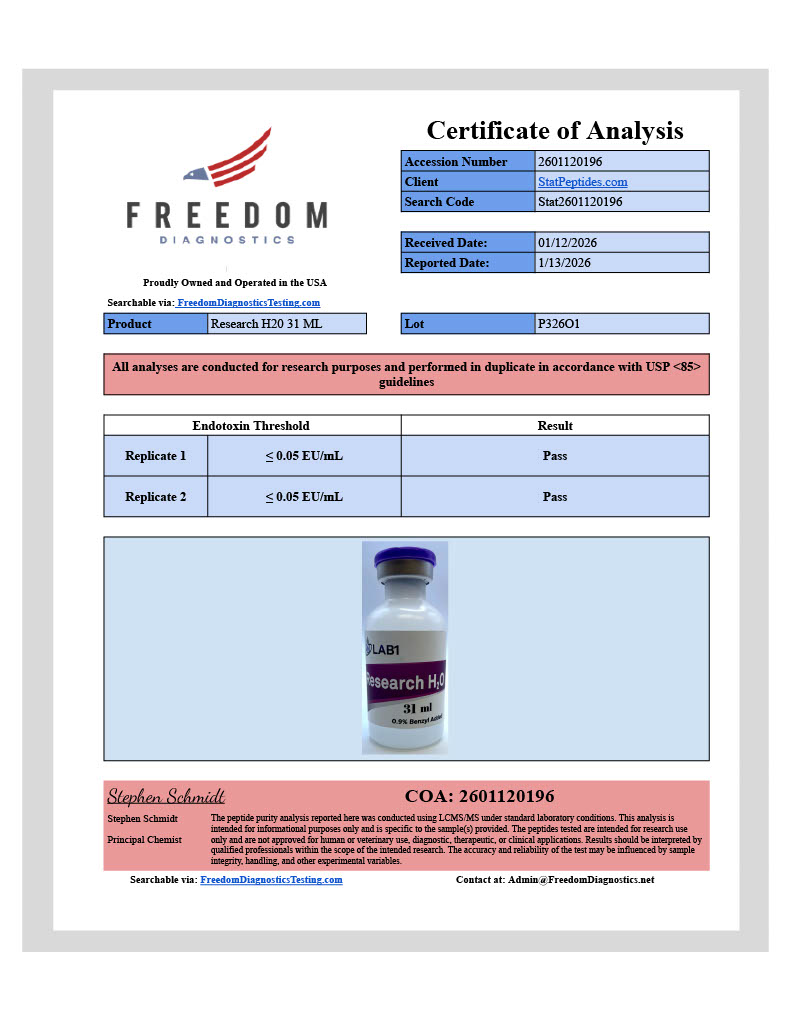 COA, LAB1 Research H2O 0.9% Benzyl Alcohol | 31ml - 4 Pack Plastic Vials